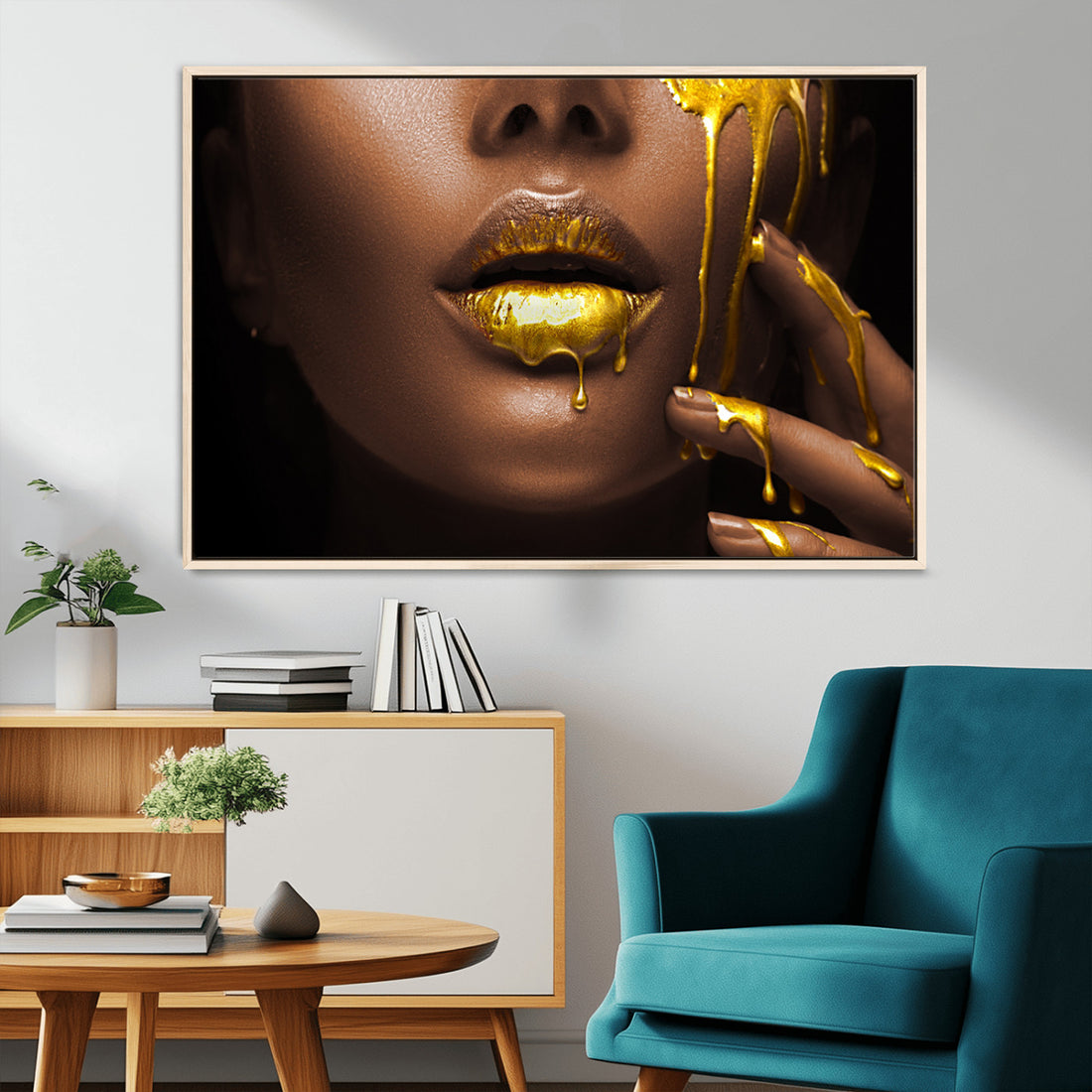 African American Art Black Woman Canvas Print, African Wall Art, Gold Lips Luxury Decor