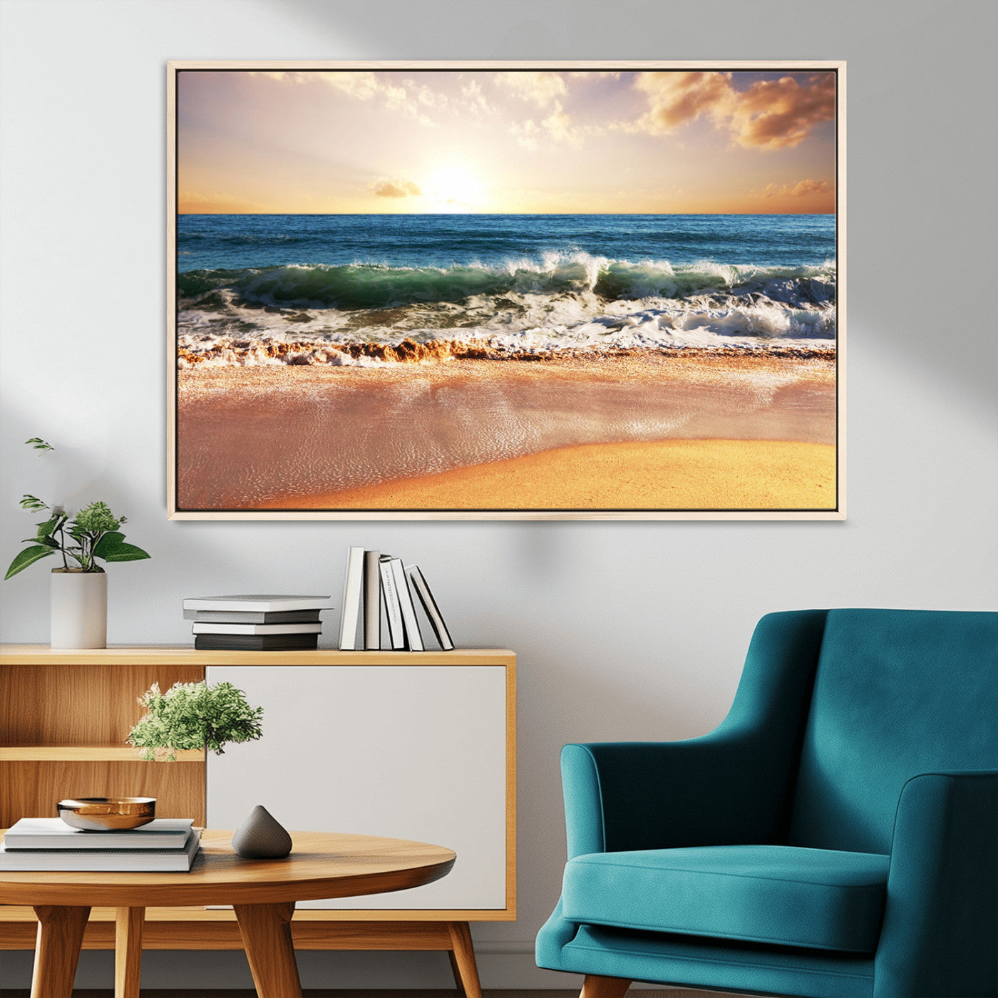 42011-MGV-CV-36X24-Sunset Beach Wall Art - 3-Panel Framed Canvas Print, Ready to Hang Ocean Sunset for Coastal and