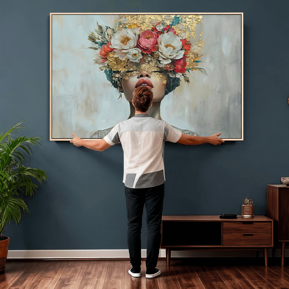 Golden Petal Wall Art Canvas Print, Silhouette Woman Wall Art, Floral Woman Portrait