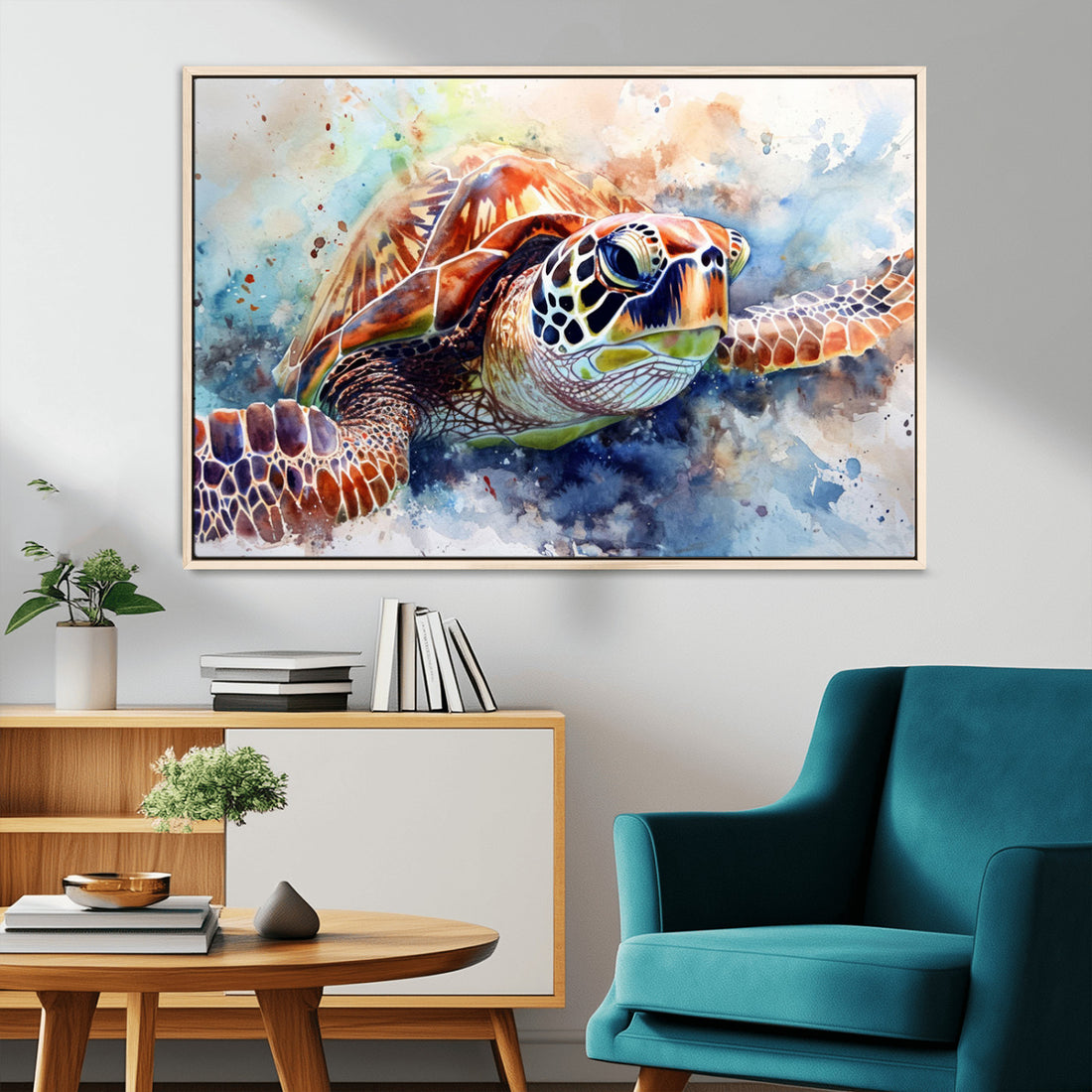 Watercolor Sea Turtle Wall Art Canvas Print, Vibrant Ocean Colors in Watercolor Style