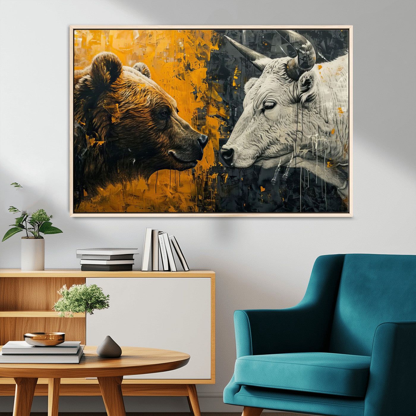 71185-MGV-CV-36X24-Bear and Bull Wall Art Canvas Print – Abstract Animal Portrait Painting for Modern Home Decor –