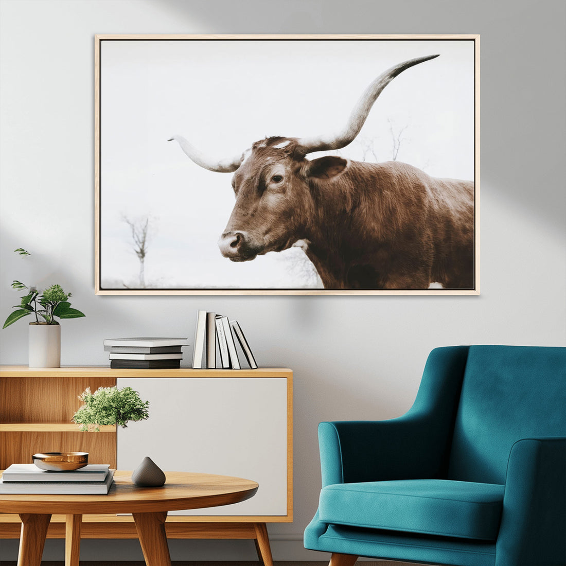 Rustic Bull Wall Art Canvas Print, Modern Longhorn Farmhouse Animal Decor