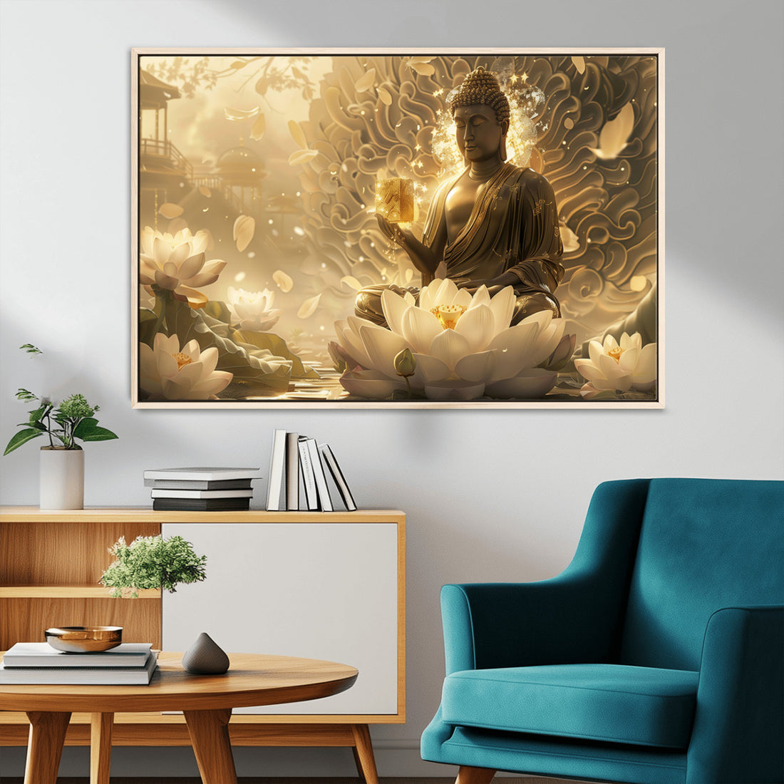 Golden Buddha Wall Art, Yoga and Meditation Room Decor | Extra Large 3 Piece Canvas Wall Art