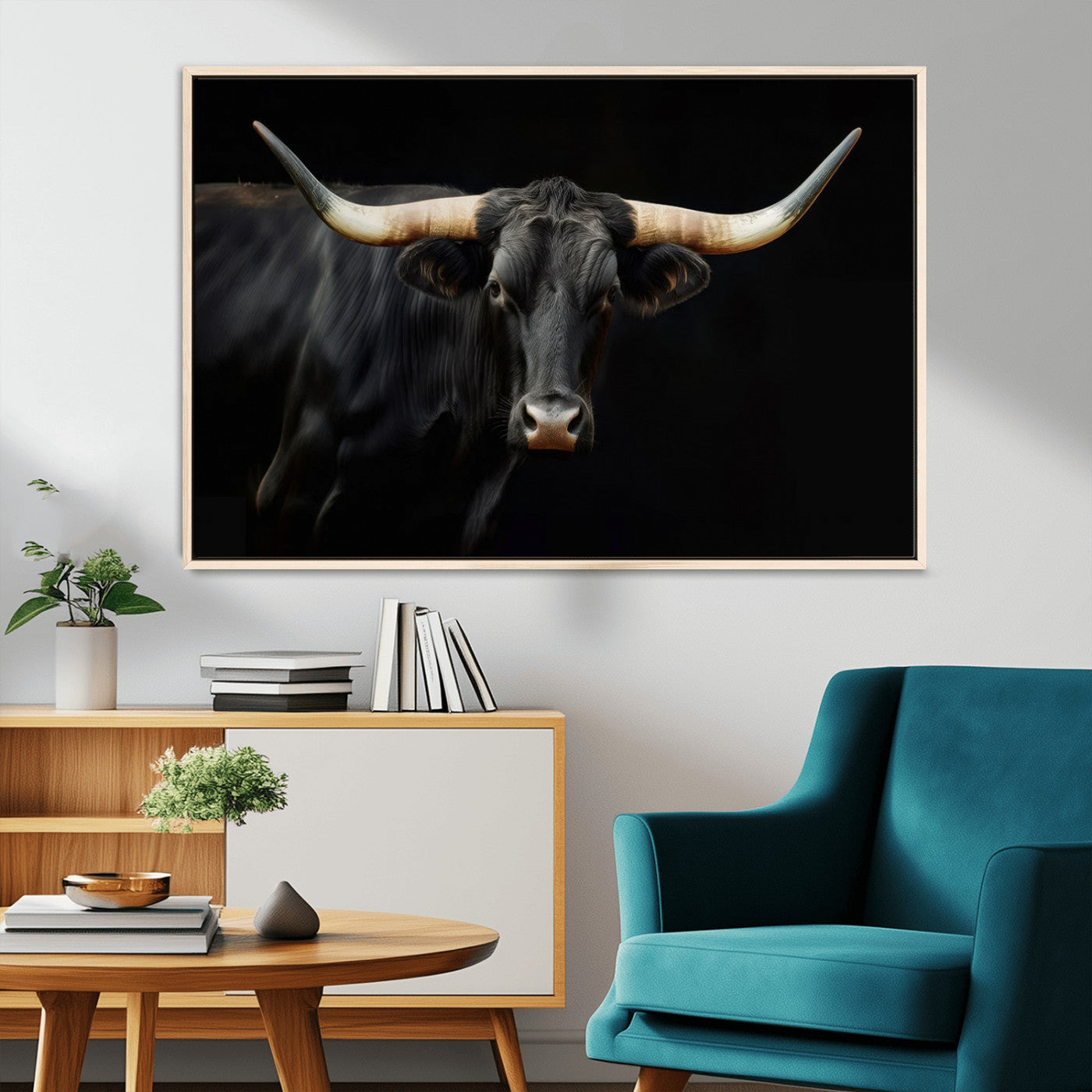 63798-MGV-CV-36X24-Black Bull Wall Art – Majestic Longhorn Canvas Print with Dark Background, Rustic Western Farmhouse Decor for Living Room or Office