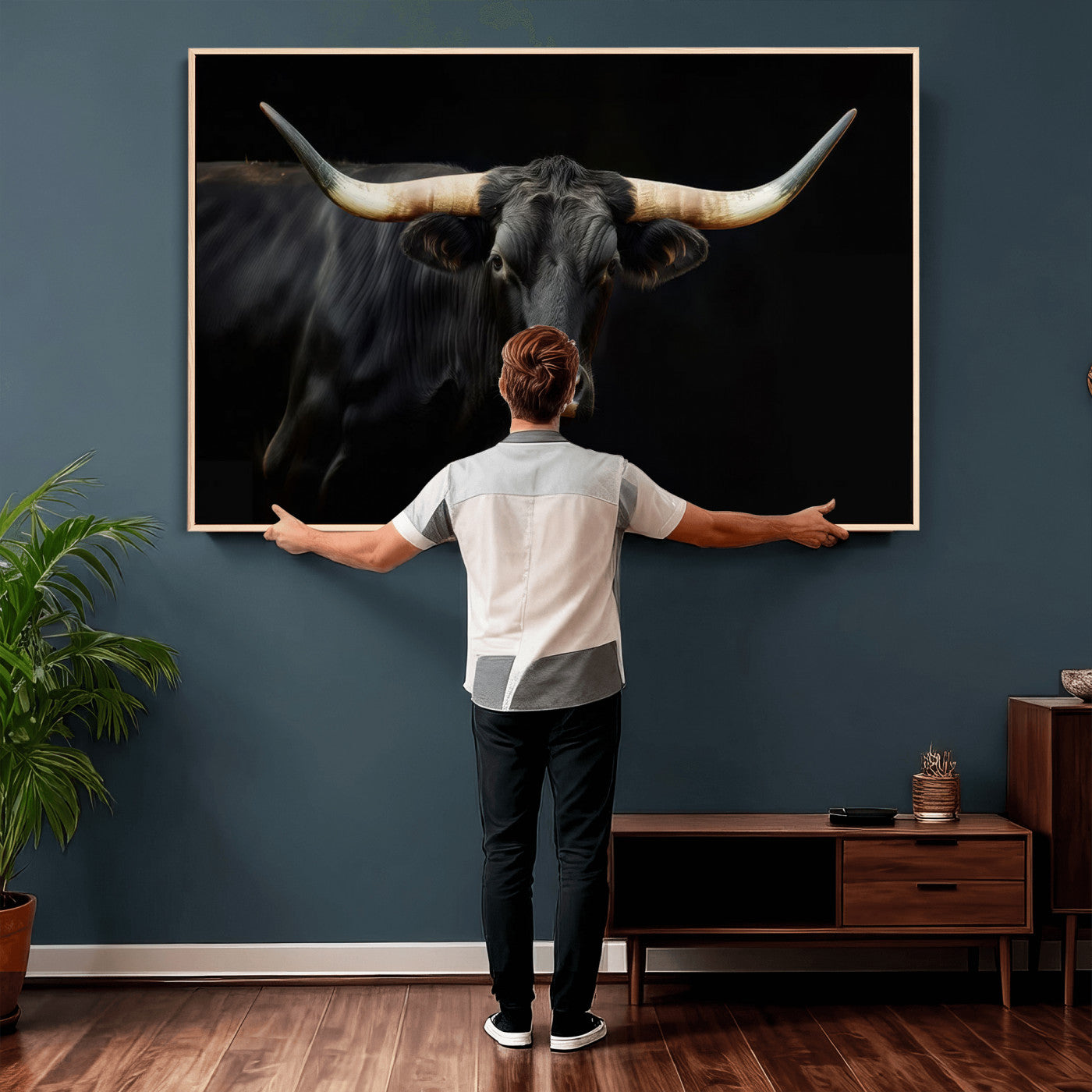 63798-MGV-CV-36X24 - Texas Longhorn Cow | Majestic Black Bull Wall Art Canvas Print - Farmhouse Animal Decor - Ready to