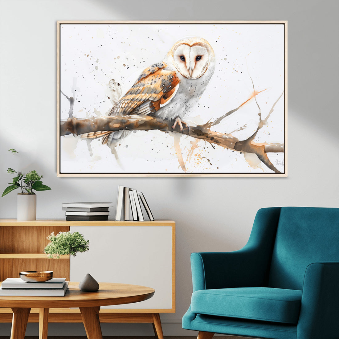 Barn Owl Wall Art on Branch, Canvas Print for Nature Lovers | Extra Large 3 Piece Canvas Wall Art