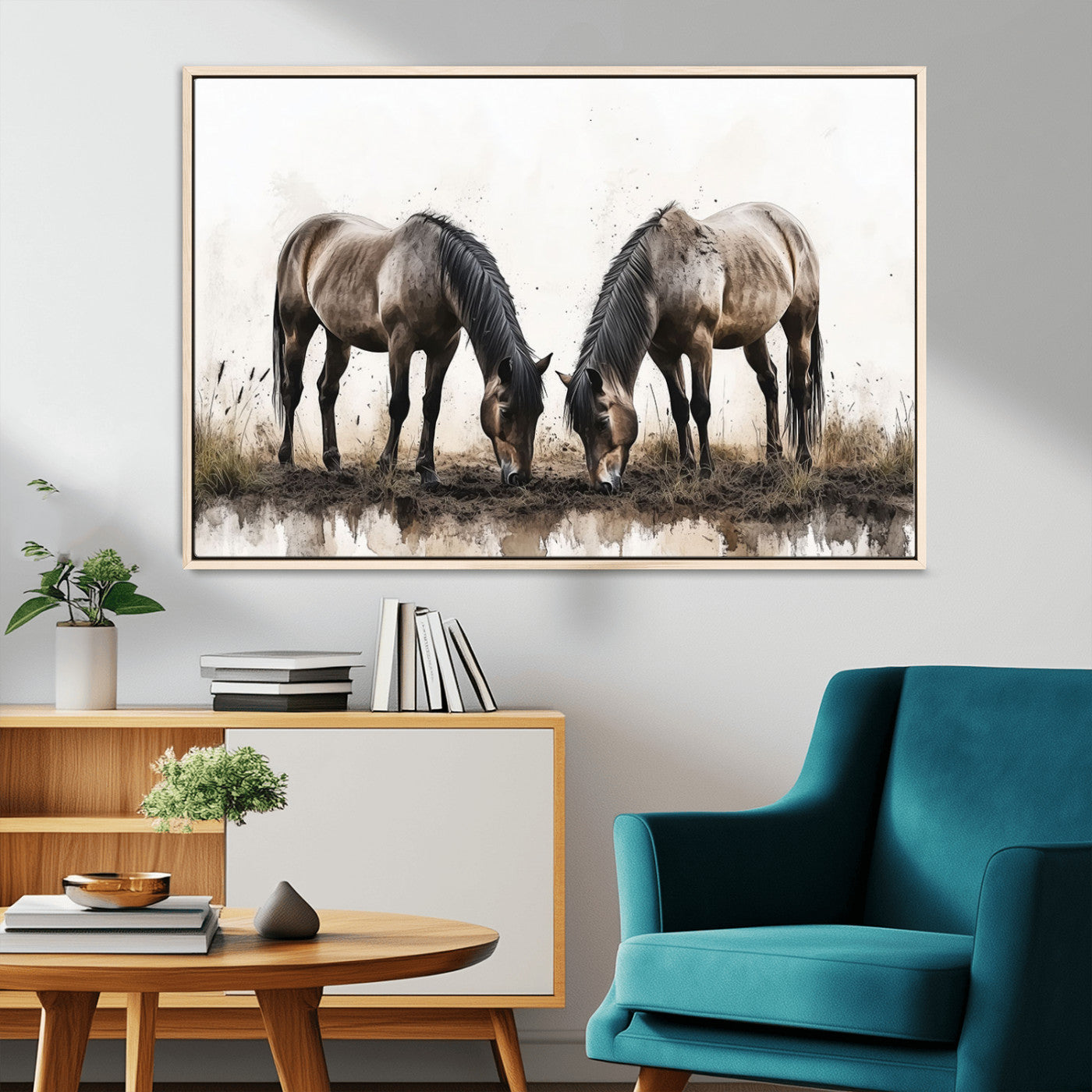 -Chines Ink Style Horses Wall Art Canvas Print