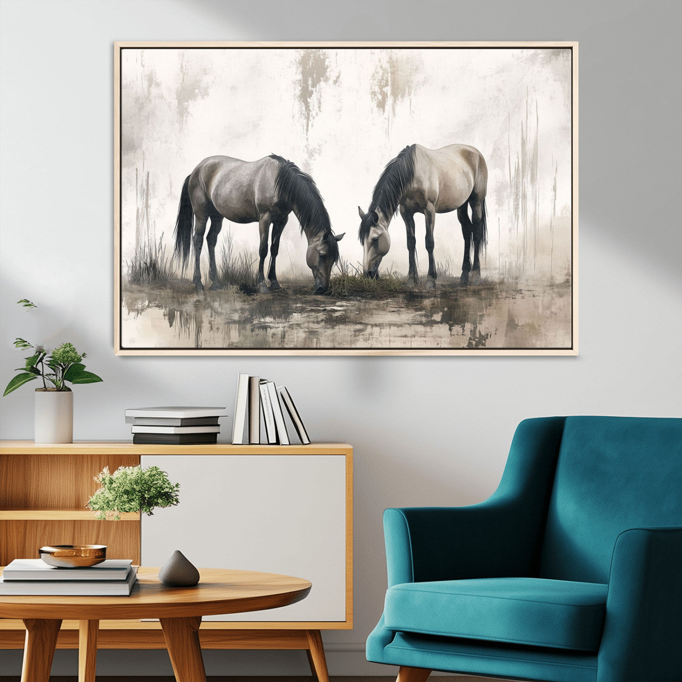 -Chines Ink Style Vintage Horses Wall Art Canvas Print for Farmhouse Wall Decor