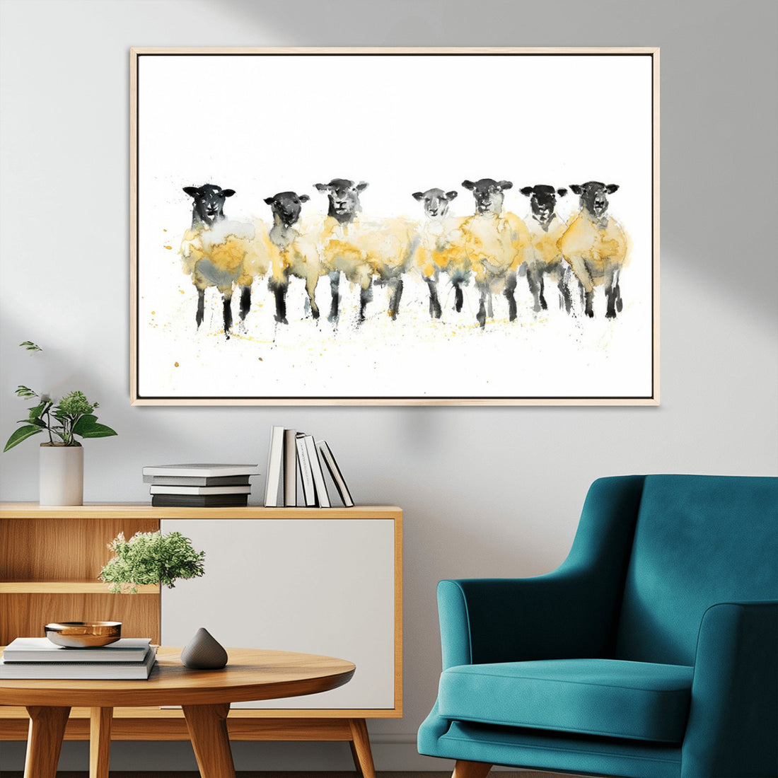 Farmhouse Wall Art Sheep Print, Ready to Hang Framed Canvas