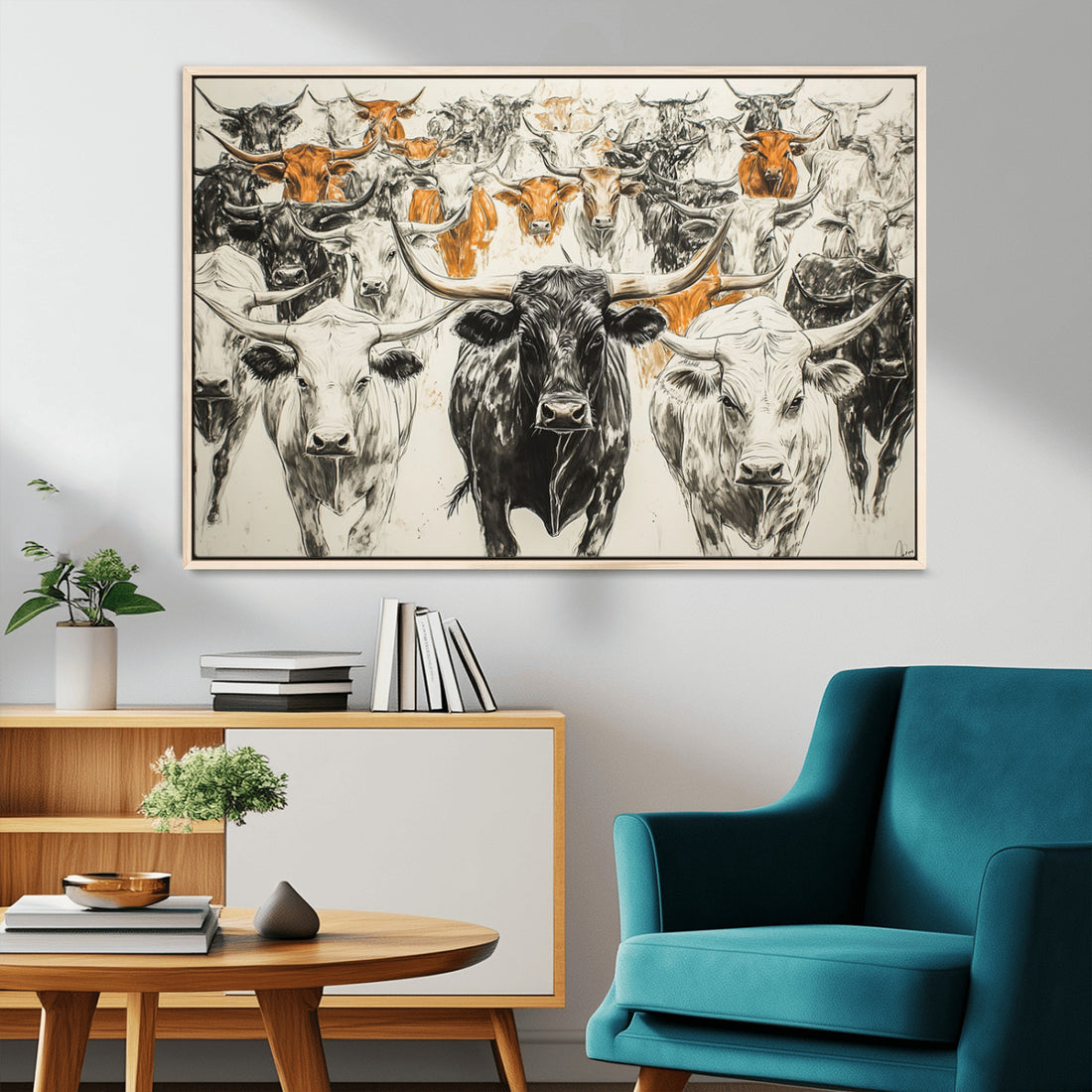 Farmhouse Wall Art, Western Longhorn Cattle Canvas Print