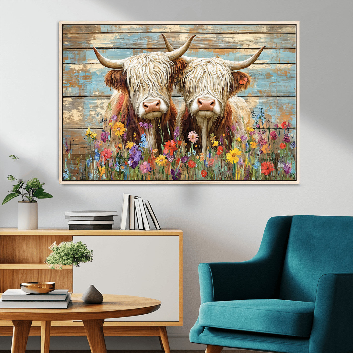 36972-MGV-CV-36X24 - Cute Highland Cow Canvas Wall Art - Rustic Farmhouse Decor with Colorful Flowers Perfect Wall Art