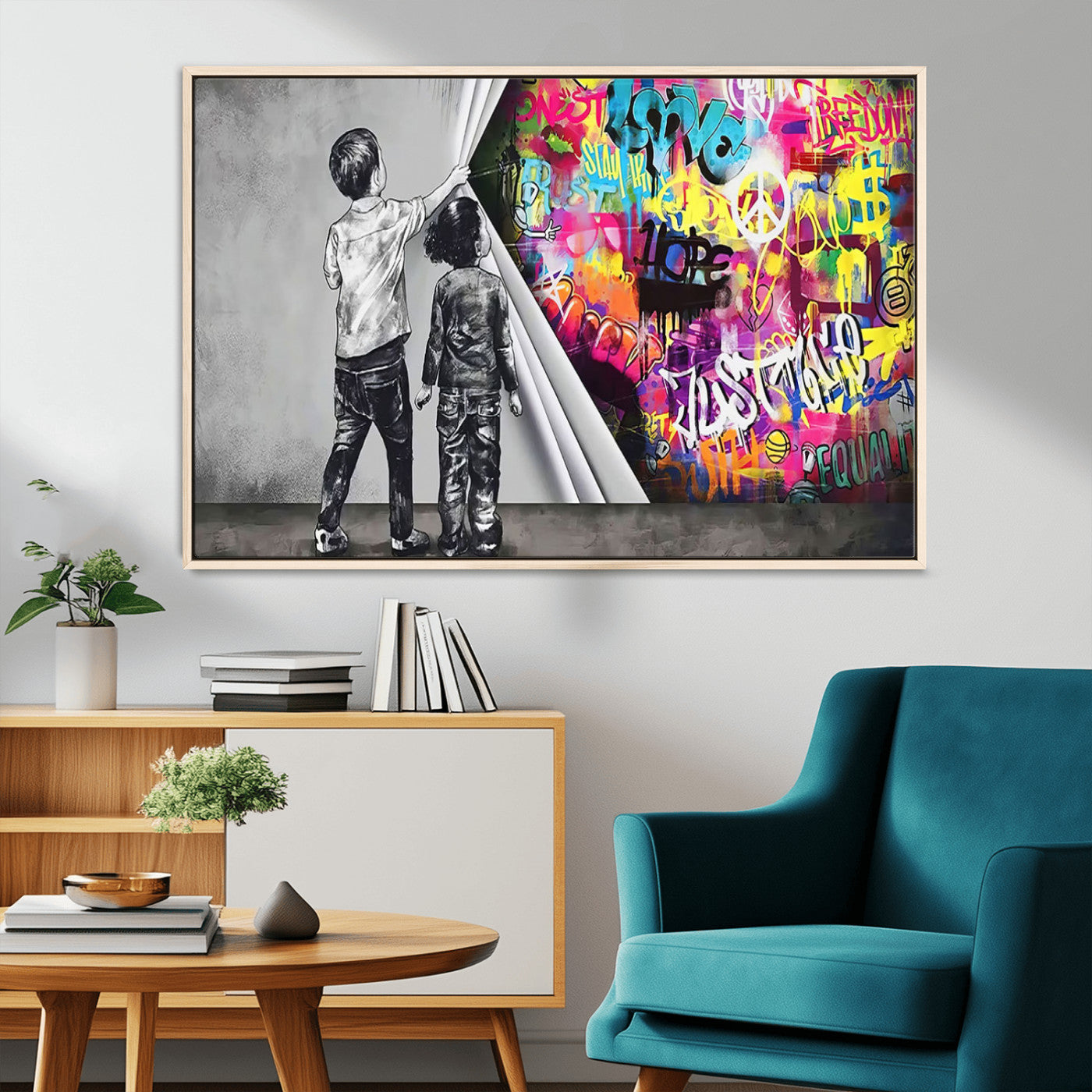 92809-MGV-CV-36X24-Banksy Print - Street Art Canvas Wall Art - Kids Revealing Graffiti, Urban Modern Decor for Living