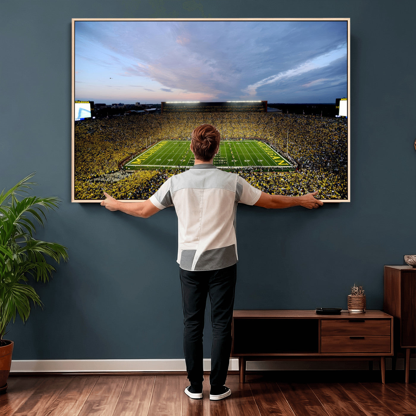 82641-MGV-CV-36X24 - Michigan Stadium Wall Art Canvas Print, Vibrant Game Day Crowd and Sunset Sky Football Field Artwork for Home, Office
