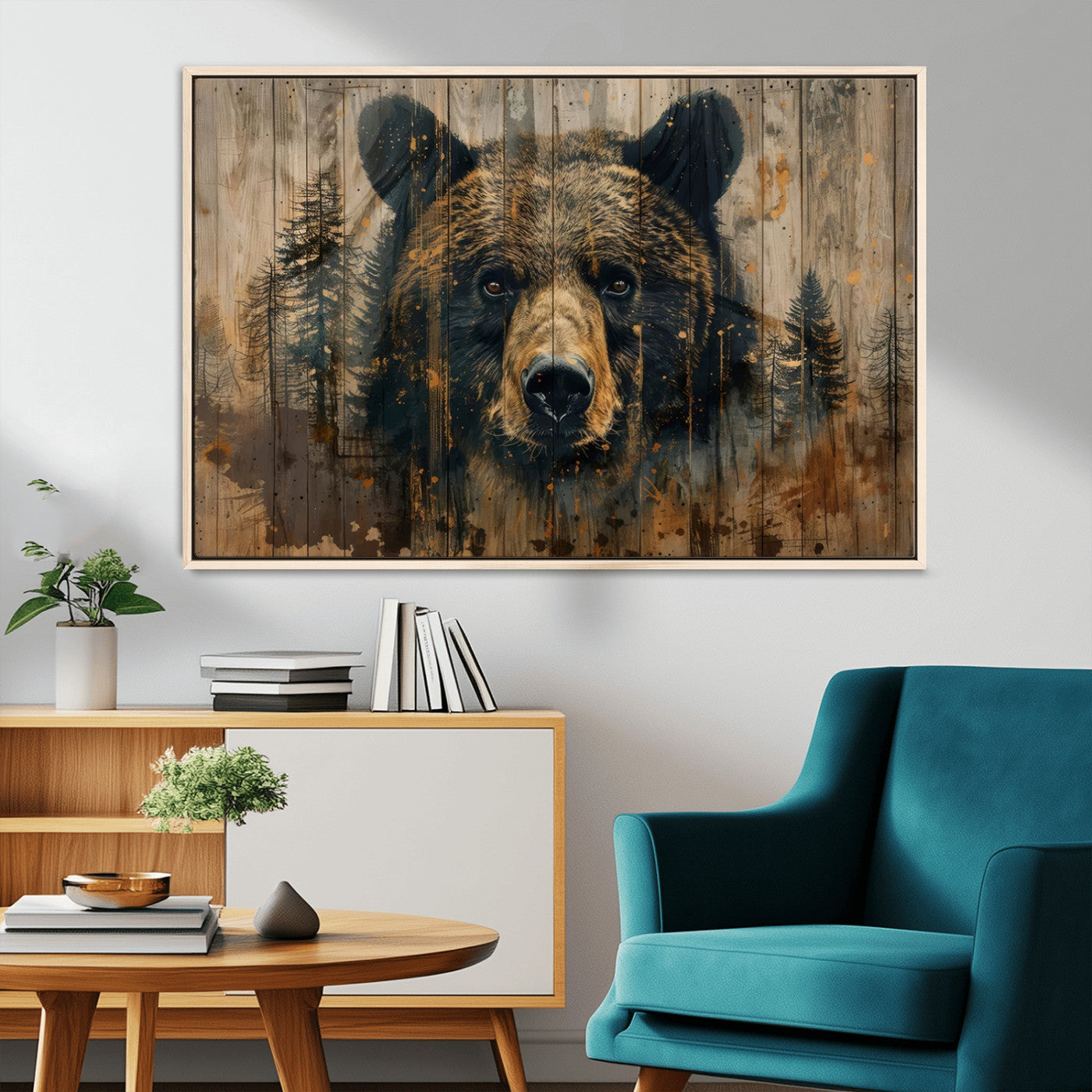 51373-MGV-CV-36X24-Abstract 399 Bear Wall Art | Rustic Cabin Wall Decor with Forest Design | Framed and Ready to Hang |