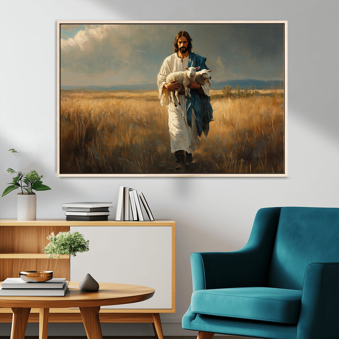 Jesus Shepherd Wall Art | Triptych Canvas of Jesus Holding a Lamb in a Field