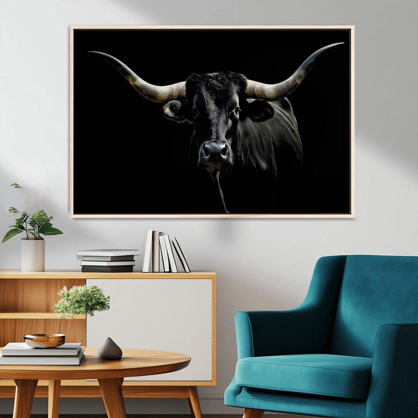 20679-MGV-CV-36X24-Texas Black Longhorn Bull Wall Art Canvas Print - Western Texas Cattle Rustic Decor Print - Longhorn