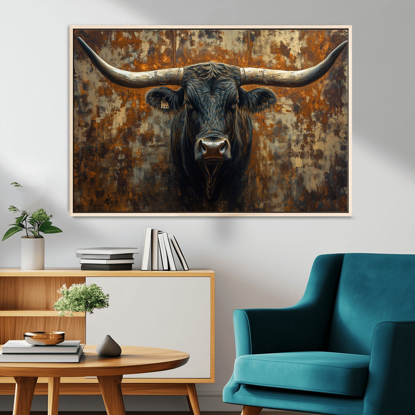 68068-MGV-CV-36X24-Longhorn Texas Cow Bull Wall Art | Rustic Farmhouse Canvas Print | Ready to Hang Barn Decor for