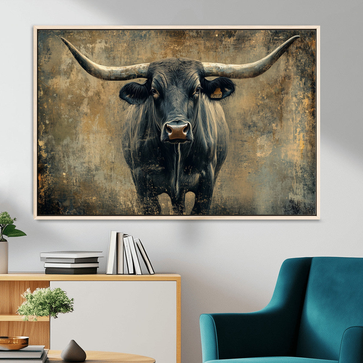 57385-MGV-CV-36X24-Texas Longhorn Bull Wall Art – Framed Rustic Cow Canvas Print, Western Farmhouse Decor Artwork for Living Room or Office