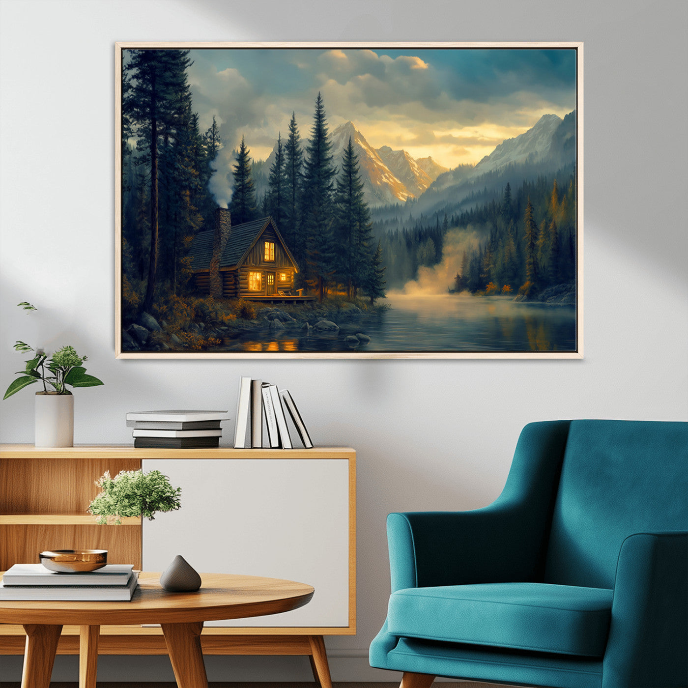 94027-MGV-CV-36X24-Mountain Cabin by the Lake at Sunset Wall Art - Serene Nature Canvas Print for Living Room Decor,