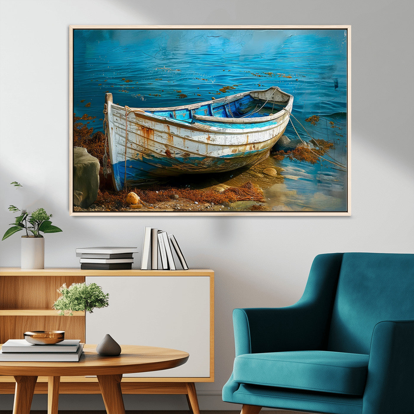 54716-MGV-CV-36X24-Vintage Boat on Tranquil Waters | Coastal Wall Art for Nautical Decor | Rustic Triptych Canvas Print