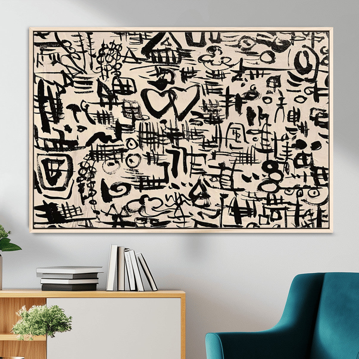 68273-MGV-FC-36X24 - Abstract Love and Chaos Canvas Print, Black Symbols on Beige