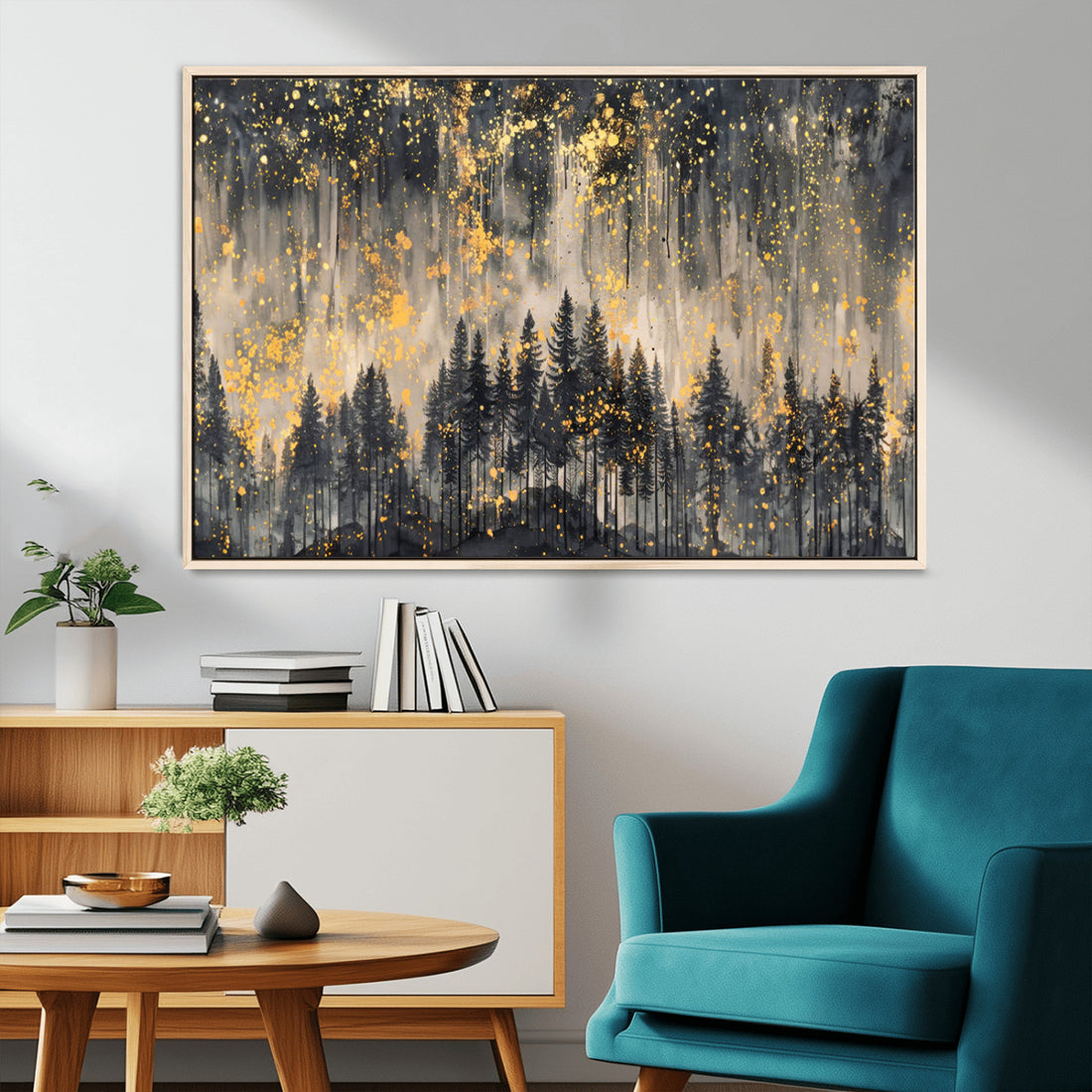 Golden Forest Abstract Wall Art | Dark Forest with Gold Splatter Accents