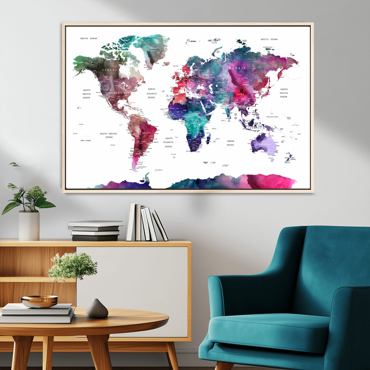 78176-MGV-CV-36X24-Colorful Watercolor World Map Canvas Wall Art – Framed Modern Map Print, Vibrant Travel Inspired Artwork for Home and Office Decor