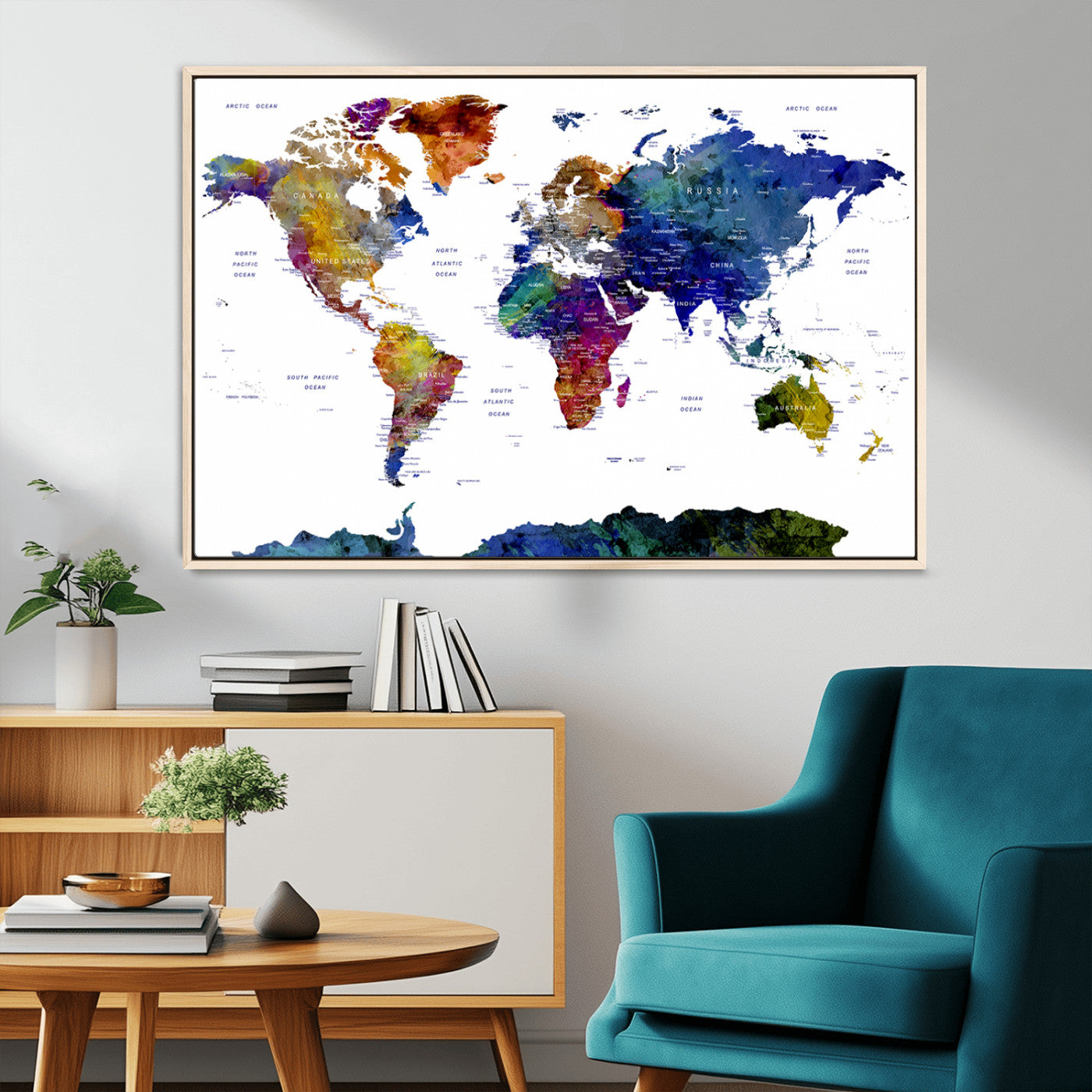 90446-MGV-CV-36X24-Colorful Watercolor World Map Canvas Wall Art – Framed Modern Push Pin Travel Map for Home and Office Decor