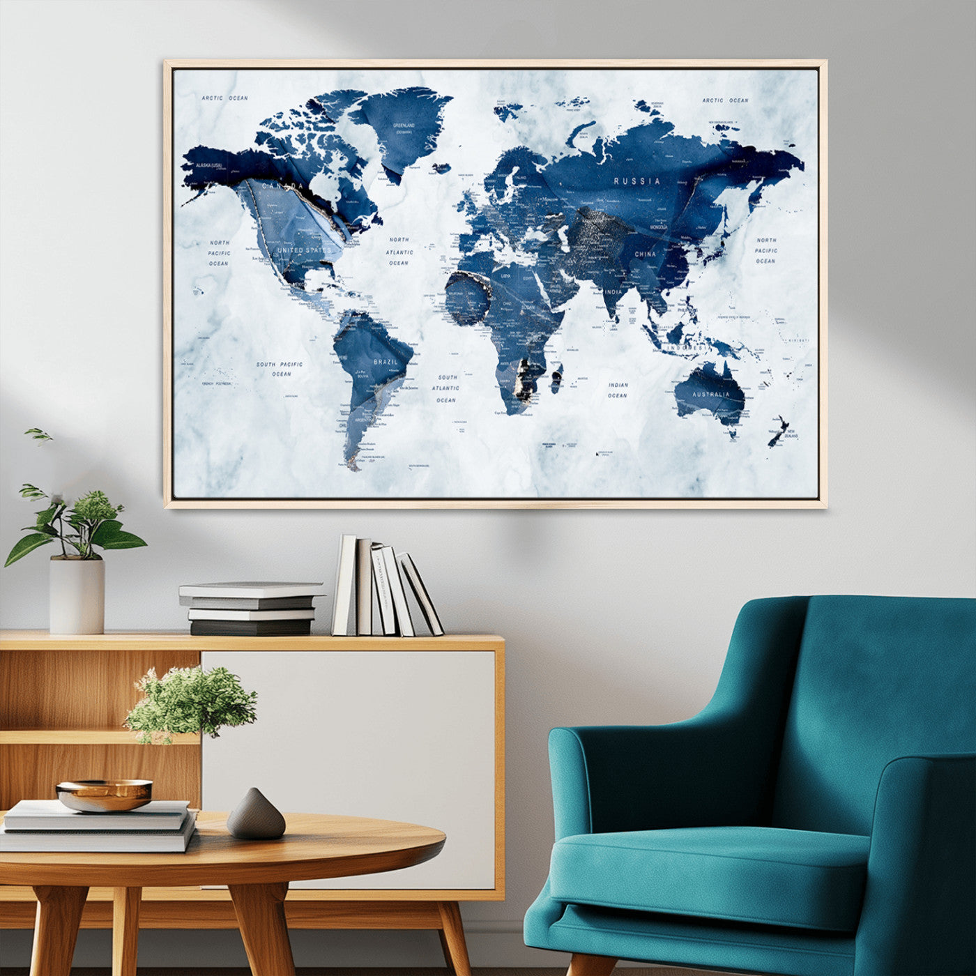 88266-MGV-CV-36X24-Modern Blue Marble World Map Canvas Print – Framed Push Pin Wall Art, Elegant Travel Map Artwork for Home Office or Living Room Decor