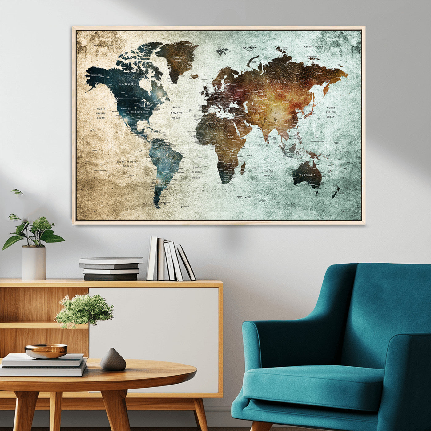 25140-MGV-CV-36X24-World Map Canvas Print – Framed Vintage Style Push Pin Wall Art, Elegant Travel Map Decor for Home or Office
