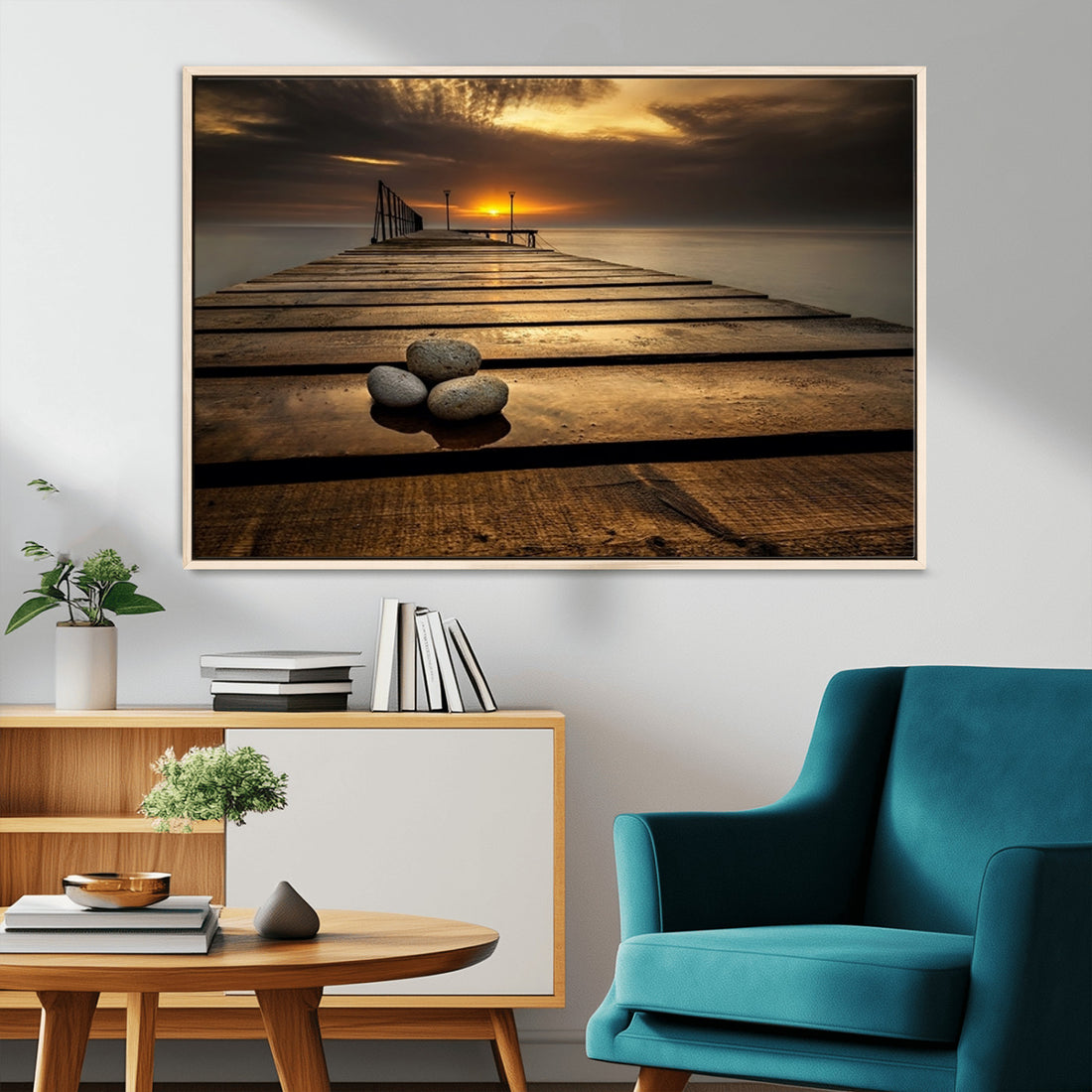 Stones on Wooden Pier at Sunset Canvas Print, Serene Coastal Wall Art
