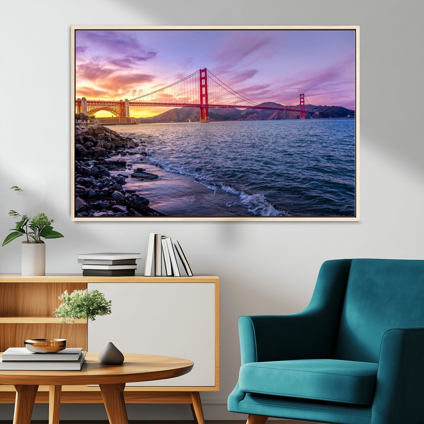 -Golden Gate Bridge Wall Art Canvas Print – Framed San Francisco Sunset Scene with Cityscape Artwork for Home, Office