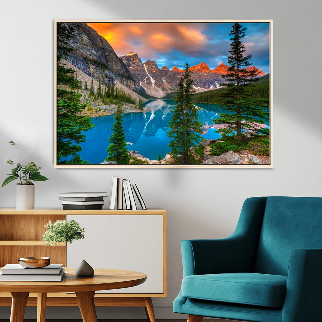Canadian Rockies Moraine Lake Wall Art Canvas Print, Pine Trees Mountain Spring