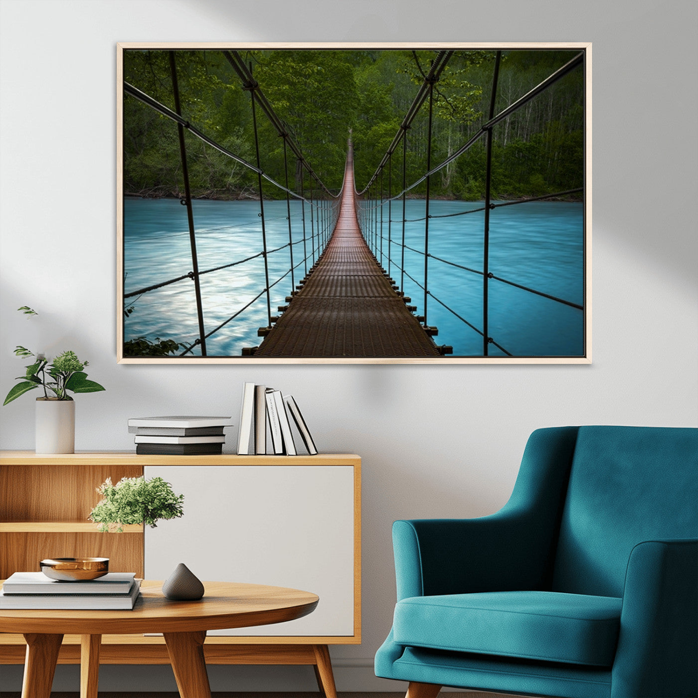 -Suspension Bridge Over River Canvas Art | 3-Panel Nature Photography | Scenic Wall Art for Living