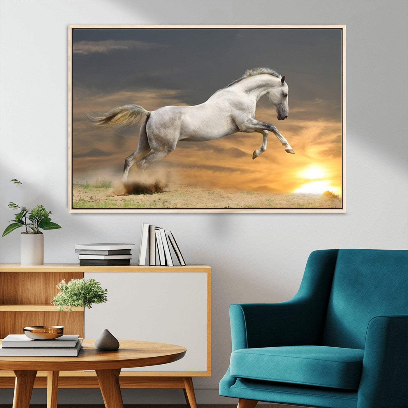-Large Wall Art Canvas Print – White Jumping Horse Sunset Scene Animal Artwork for Home, Office, Living Room Decor