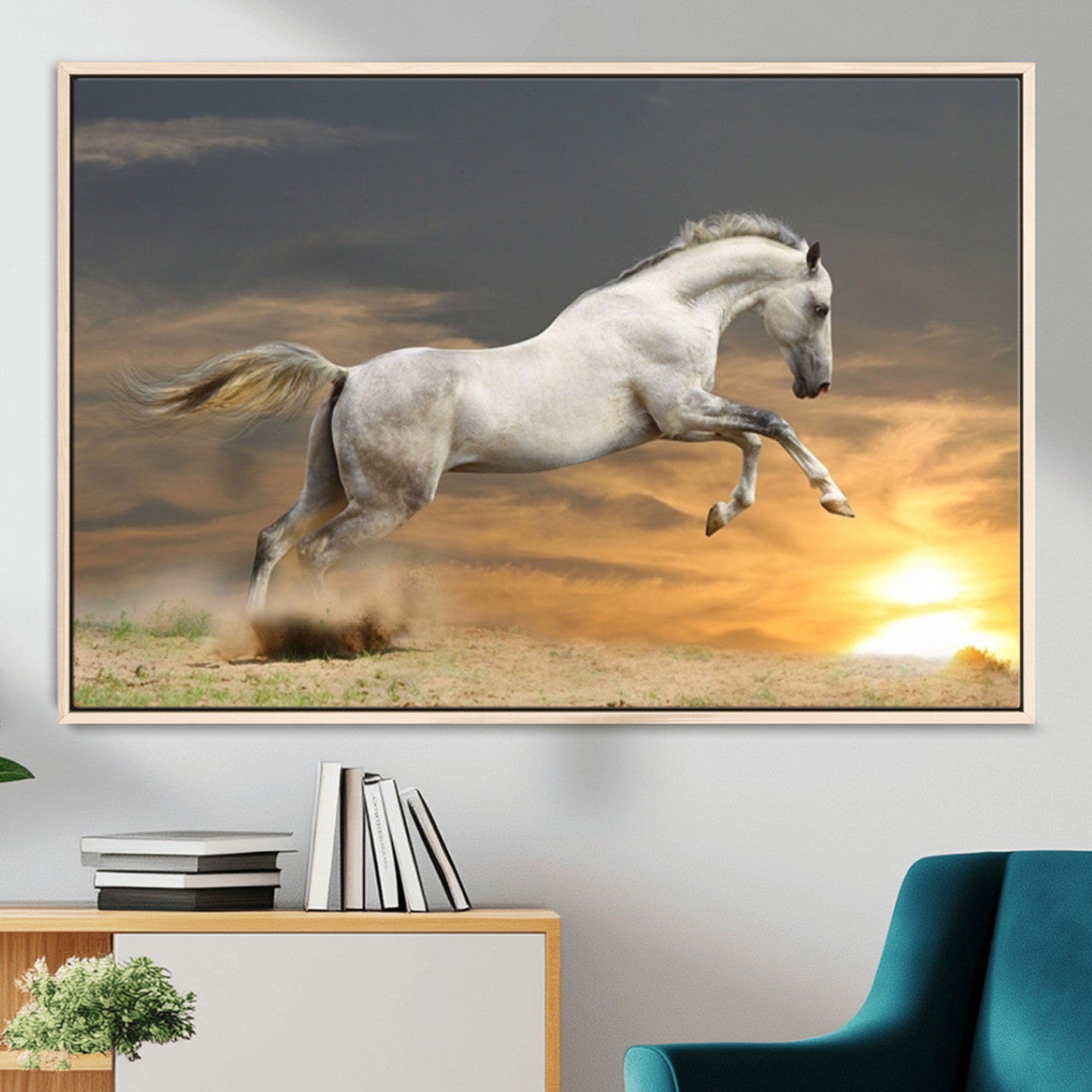 -Large Wall Art Canvas Print – White Jumping Horse Sunset Scene Animal Artwork for Home, Office, Living Room Decor