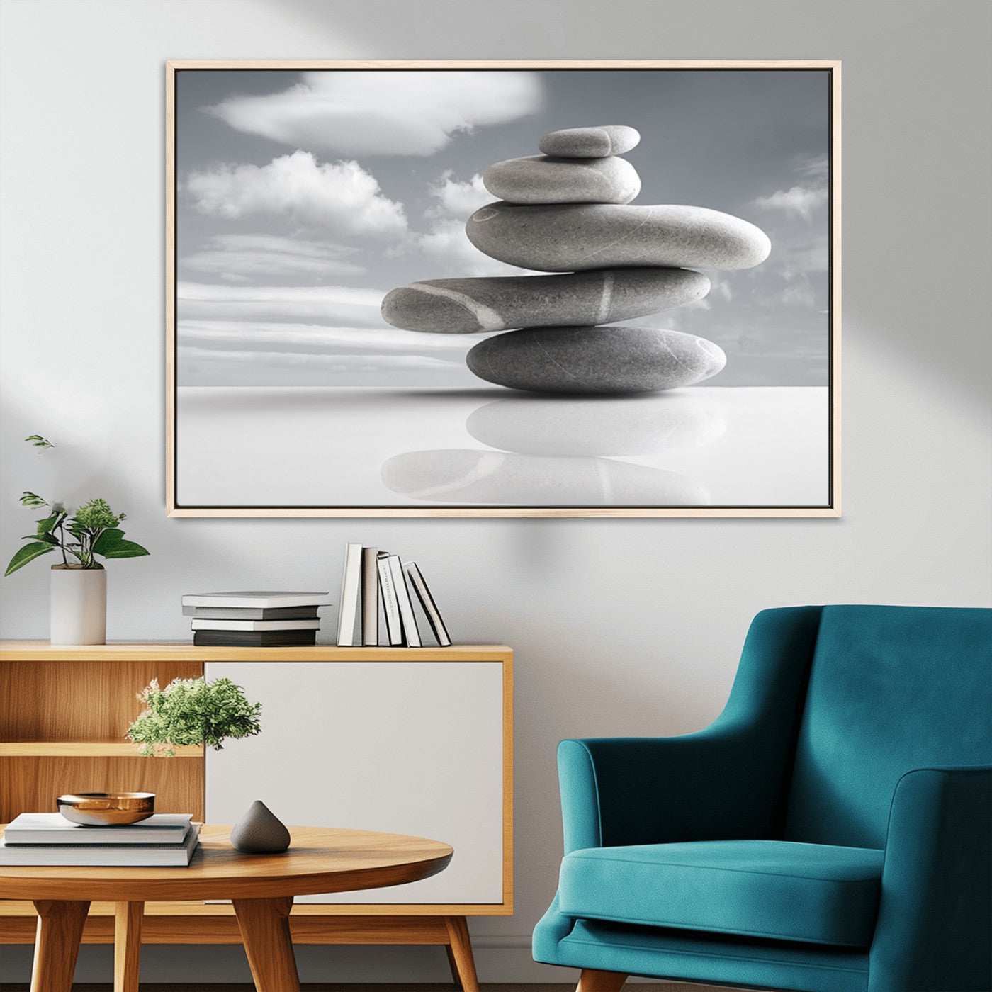 -Still Life Black and White Zen Stones Wall Art Canvas, Framed Black and White Zen Stones Canvas