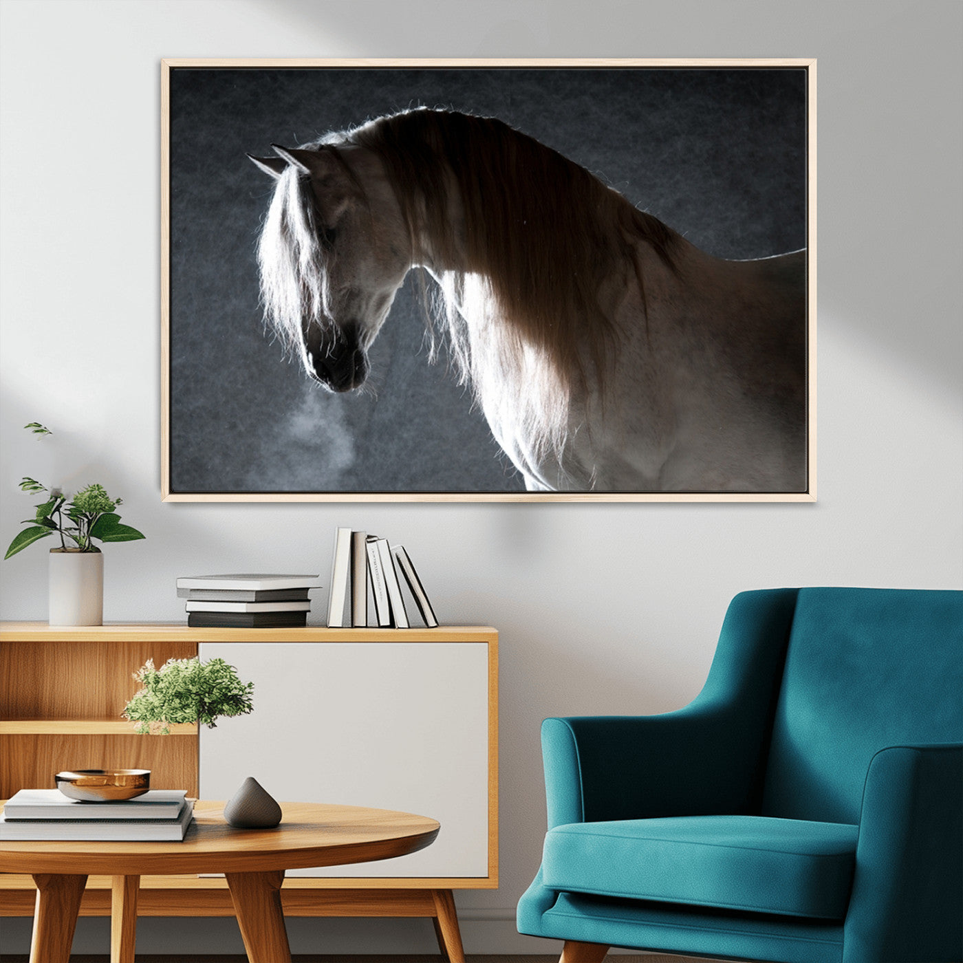 -Large Wall Art Cream Colored Horse on Grey Background Canvas Print