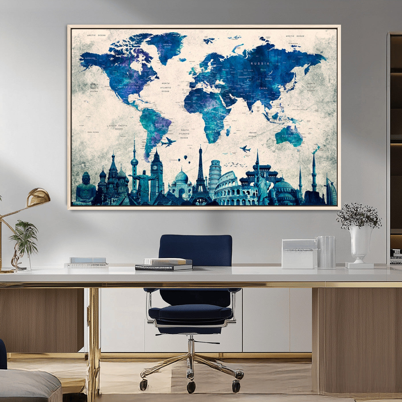 13588-MGV-CV-36X24-Navy Blue World Map Canvas Print – Framed Push Pin Travel Map Wall Art, Elegant Adventure Decor for Home or Office