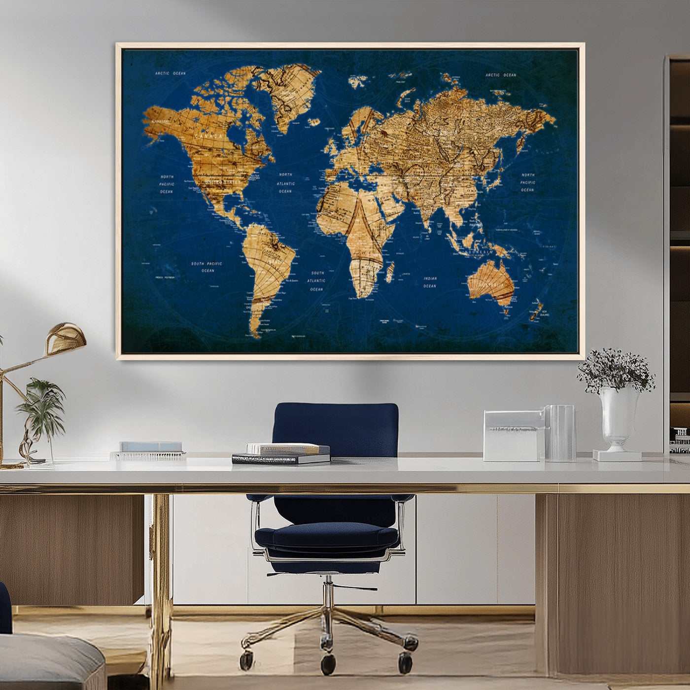 50845-MGV-CV-36X24-Navy Blue and Gold World Map Canvas Print – Framed Luxury Push Pin Wall Art, Elegant Vintage Travel Map Decor for Home or Office