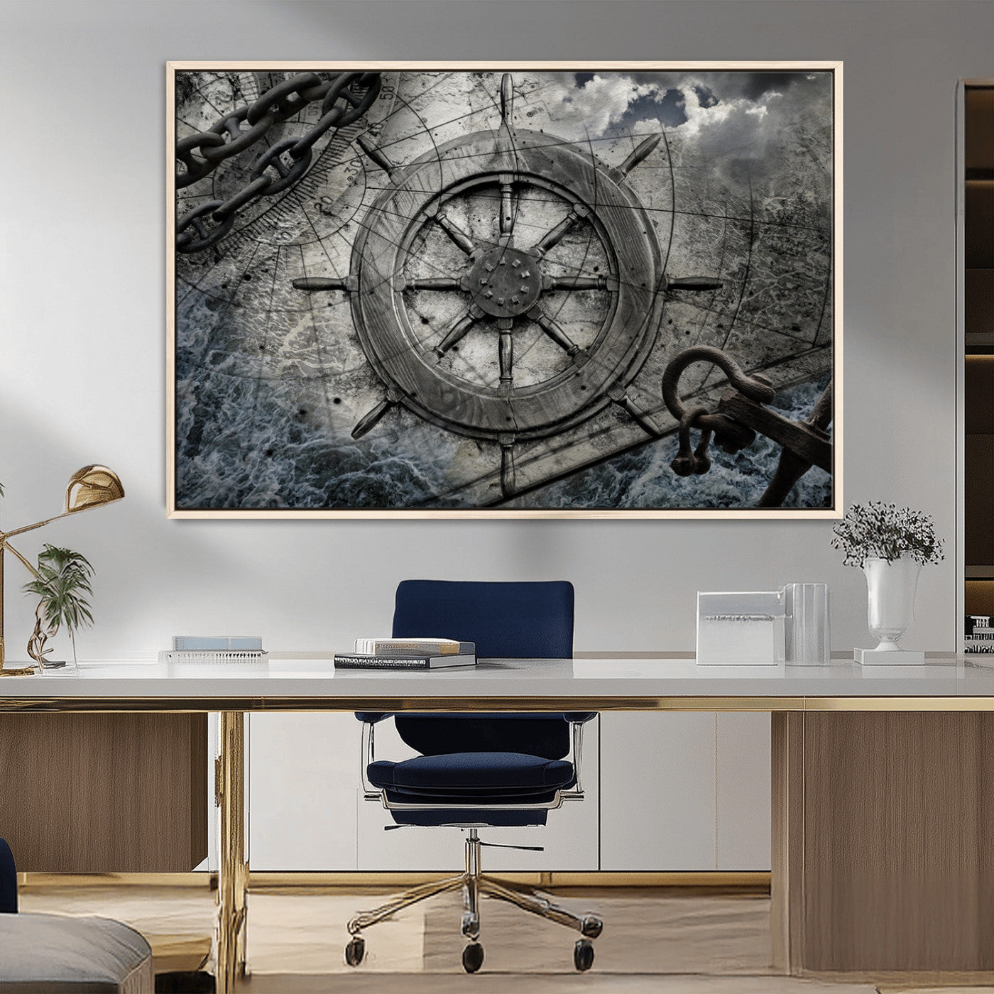 -Ship Steering Wheel Vintage Wall Art Canvas Print