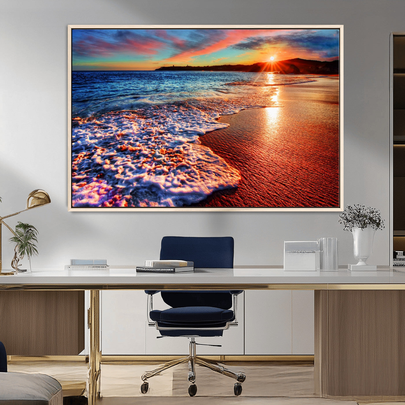 -Colorful Coastal Sunset on the Beach Canvas Print, Ocean Waves Crashing at Dusk, Multi-Panel