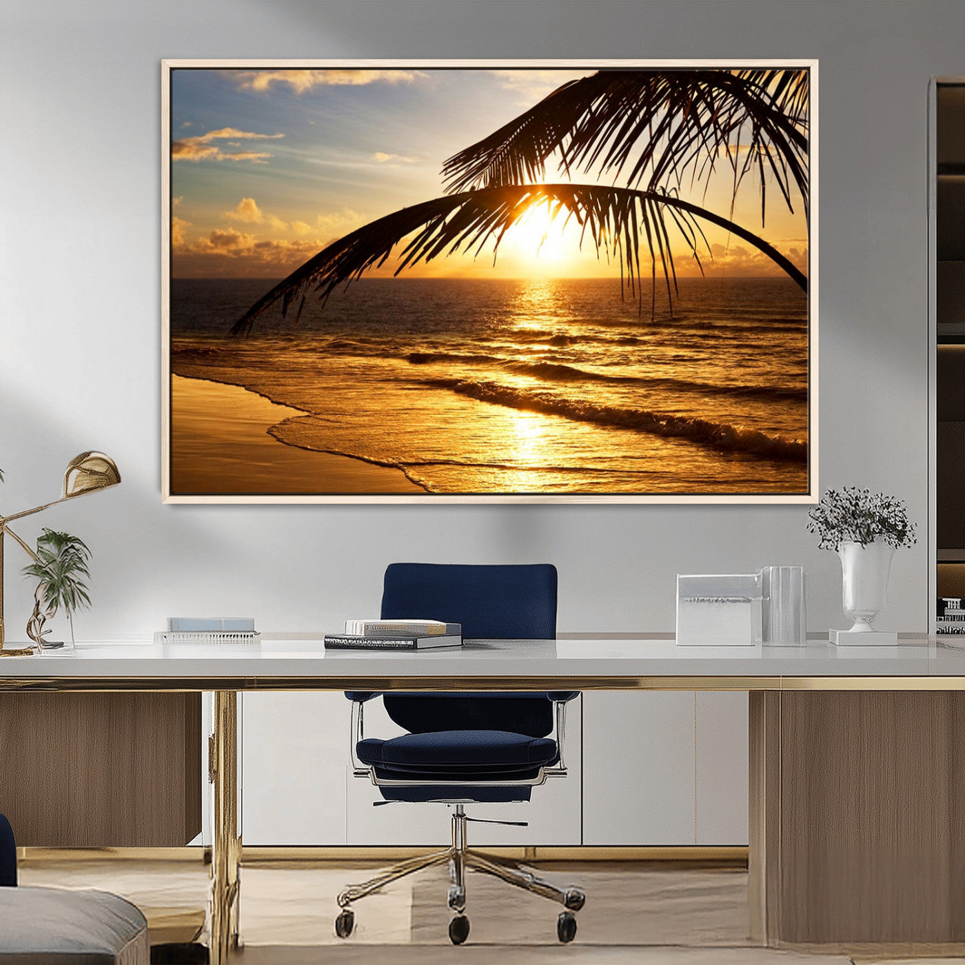 -Golden Tropical Beach Sunset Canvas Triptych, Coastal Palm Tree Wall Art, Ocean Shoreline Giclee