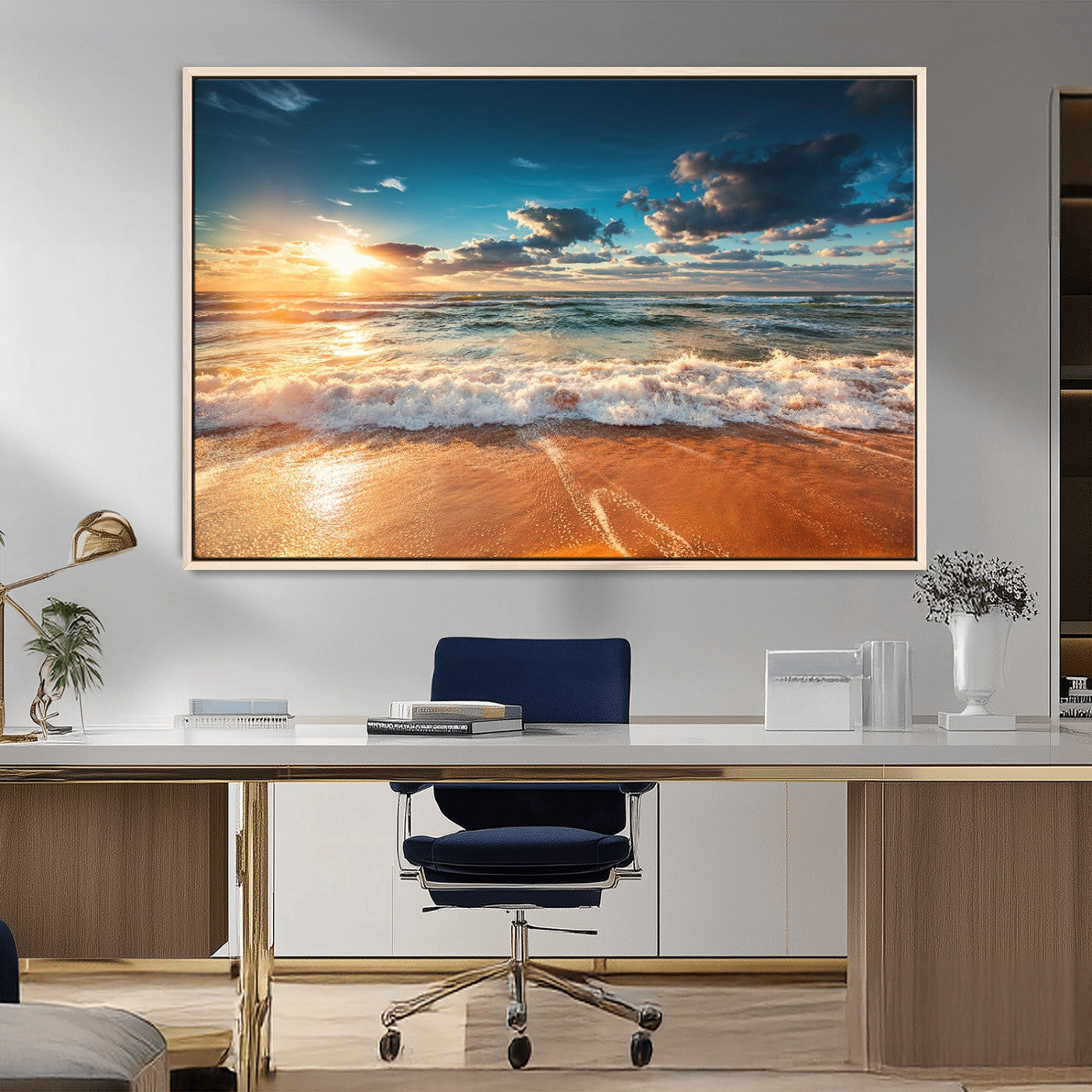 -Golden Sunset Beach Triptych Canvas Art, Giclee Coastal Wall Decor, Ocean Waves Print, Modern Beach