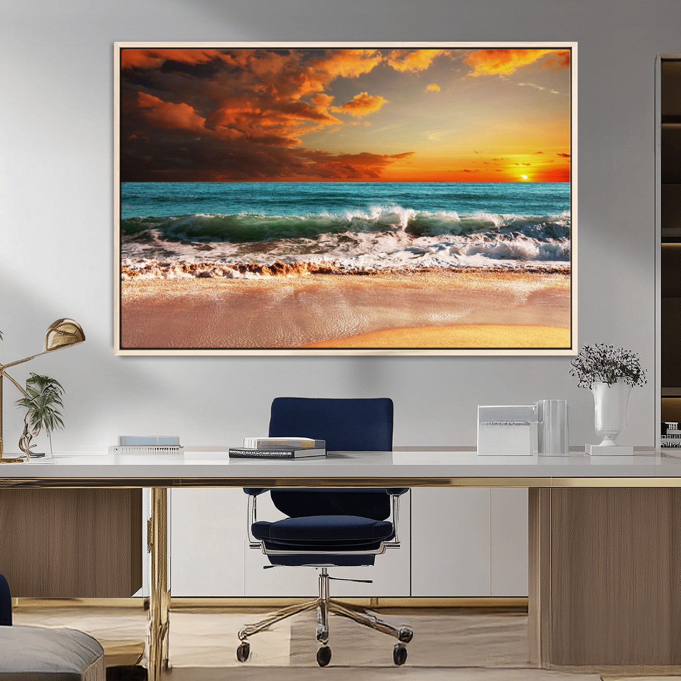 72948-MGV-FC-36X24_Natural-Golden Sunset Beach Canvas Wall Art – Triptych Seascape Print – Framed and Ready to Hang for Living