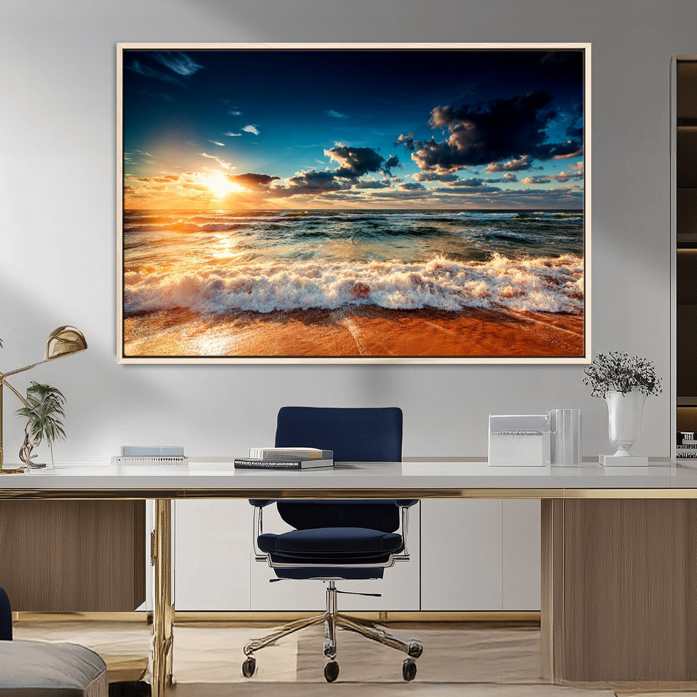 -Golden Hour Sunset Over Ocean Waves Wall Art Canvas Print | 3 Panel Coastal Landscape Canvas Wall