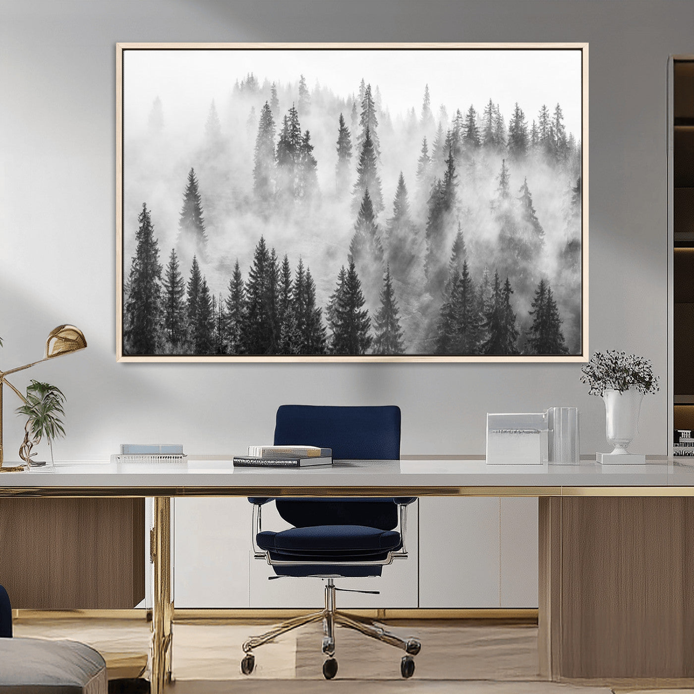 -Forest Wall Art Print | Foggy Pine Forest Canvas Wall Art - Black and White Nature Decor for Living Room, Office