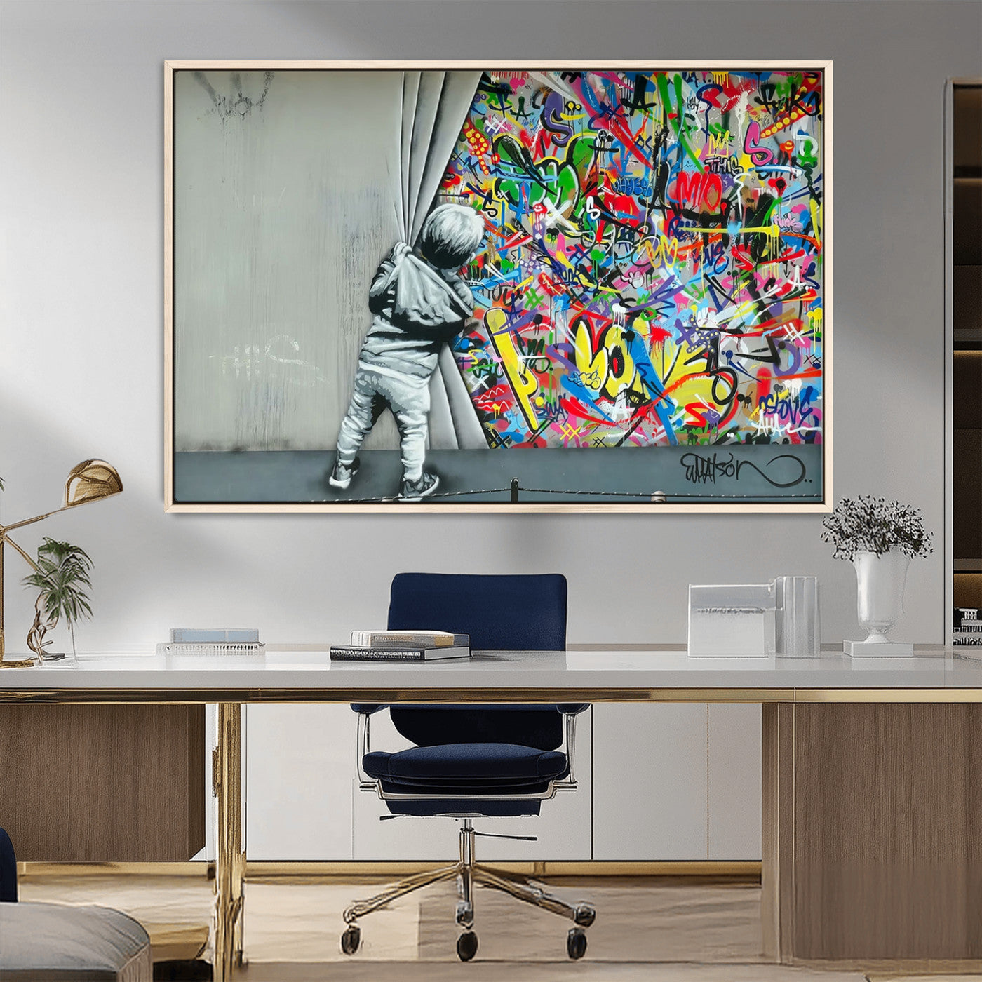 51713-MGV-CV-36X24-Banksy Colorful Street Graffiti Canvas Wall Art Print, Modern Art Triptych, Child and Graffiti Wall,
