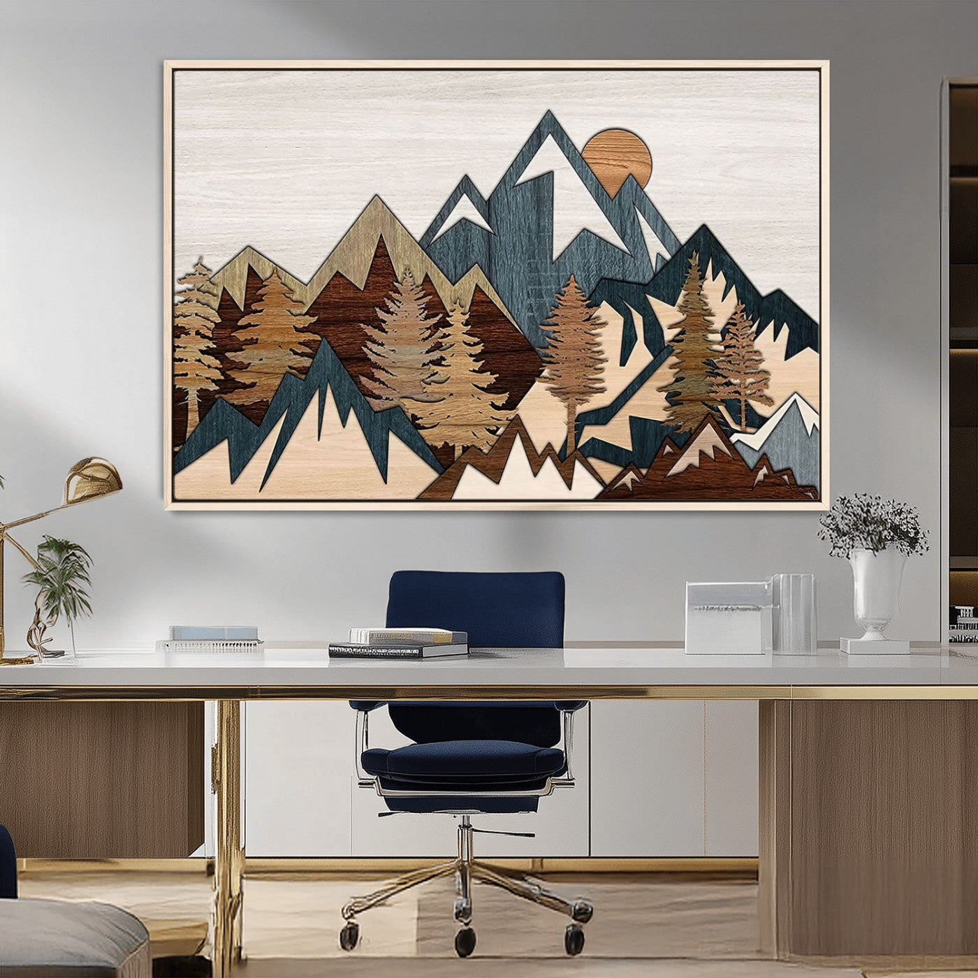 67950-MGV-CV-36X24-Rustic Abstract Wood Panel Effect Canvas Mountain Range Top Wood Wall Art Canvas Print
