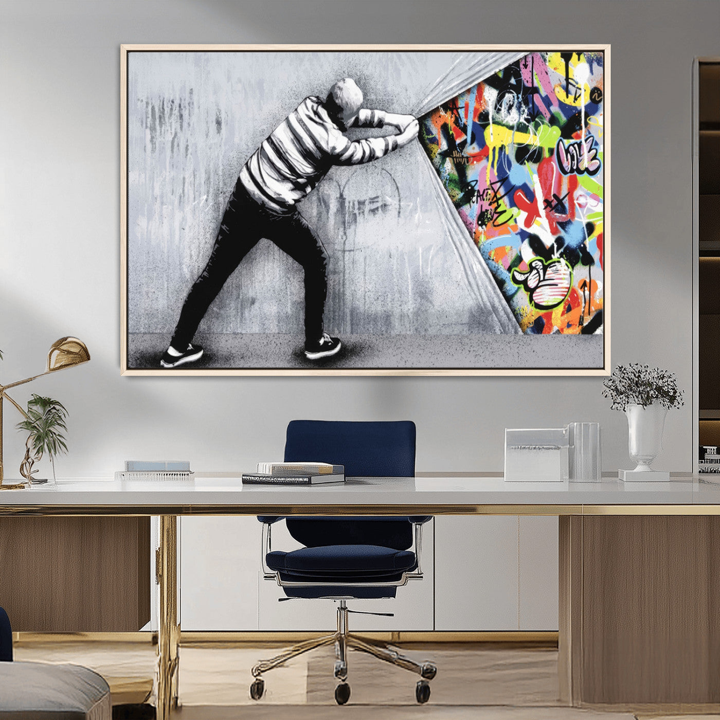 52252-MGV-CV-36X24-Banksy Art Behind the Curtain Street Wall Art Canvas Print | 3-Panel Urban Graffiti-Inspired Wall